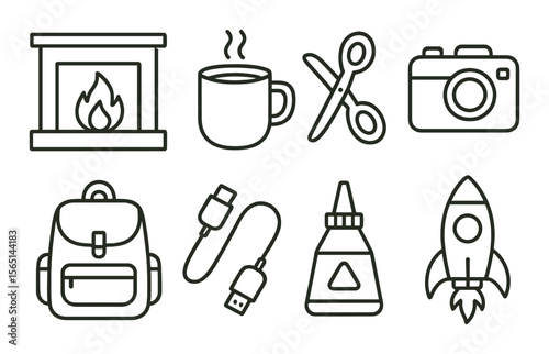 Essential cozy living icons set – outline, home life and comfort symbols collection