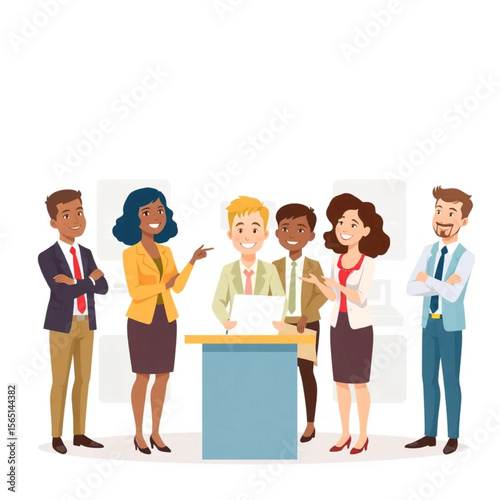 A group of five colleagues are setting up for a trade show. Everyone is smiling or nodding, showing active participation.