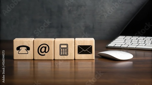 Wooden cubes with contact icons and computer accessories