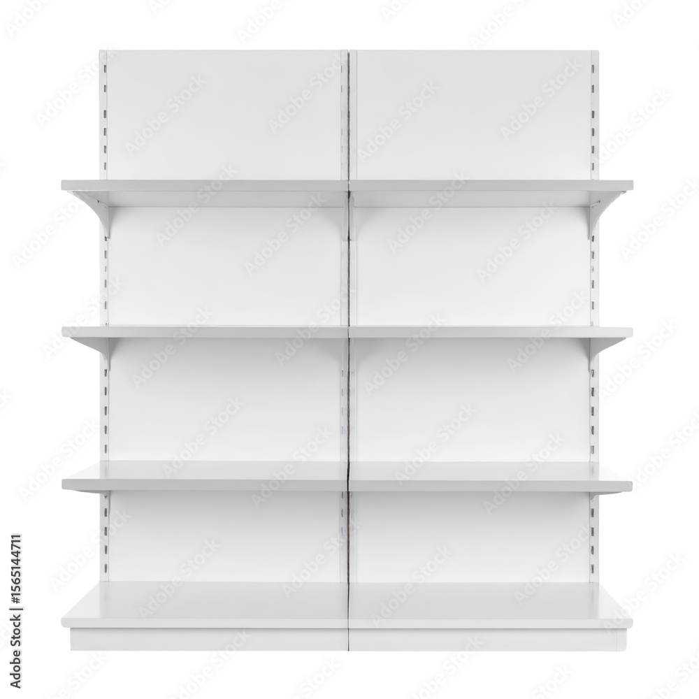 Empty white metal shelving unit with four adjustable shelves for storage organization in retail, warehouse, or home settings with minimal design Empty white metal shelving unit with four adjustable shelves for storage organization in retail, warehouse, or home settings with minimal design