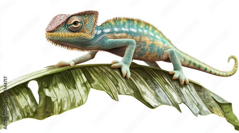 Obraz premium Colorful Chameleon on Leaf Showcasing Nature’s Vibrant Wildlife Beauty