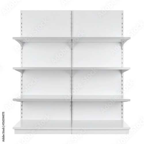 Empty white metal shelving unit with four adjustable shelves for storage organization in retail, warehouse, or home settings with minimal design