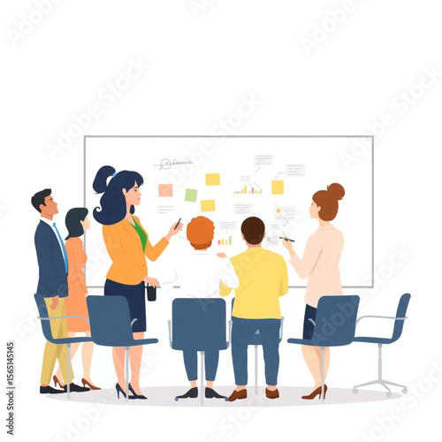 A group of eight staff are brainstorming ideas around a whiteboard. The setting is modern, with clean lines and natural light.