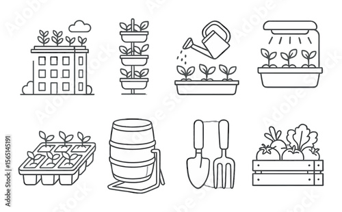 Urban farming icons set – outline, gardening and sustainable agriculture symbols