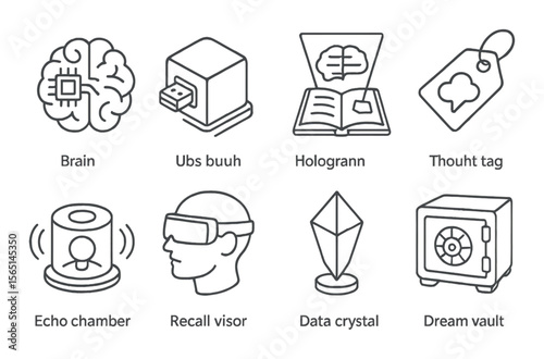 Futuristic memory devices icons set – outline, technology and digital symbols