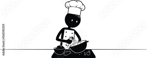 Stick Man Chef Using Kitchen Tools in a Modern Kitchen - Vector Illustration