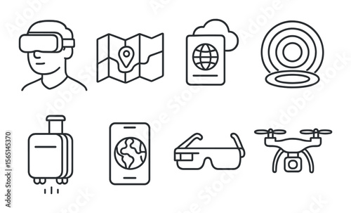 Virtual travel icons set – outline, digital journey and virtual adventure symbols