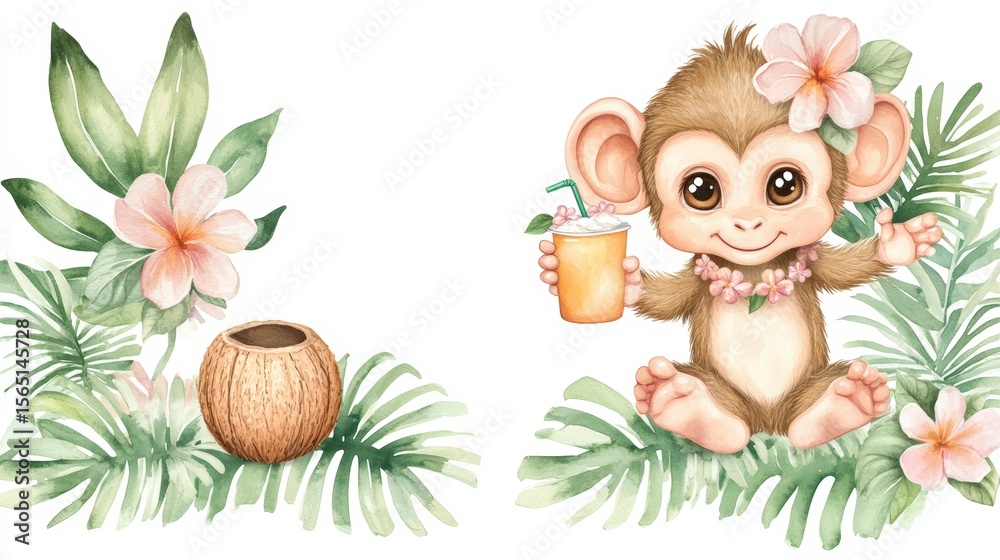 Naklejka premium Cute Monkey Enjoying a Tropical Drink Surrounded by Lush Foliage