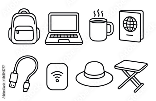 Digital nomad essentials icons set – silhouette, remote work and travel tools