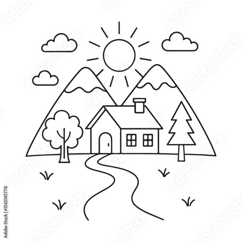 Simple Line Drawing of a Cozy Mountain Home