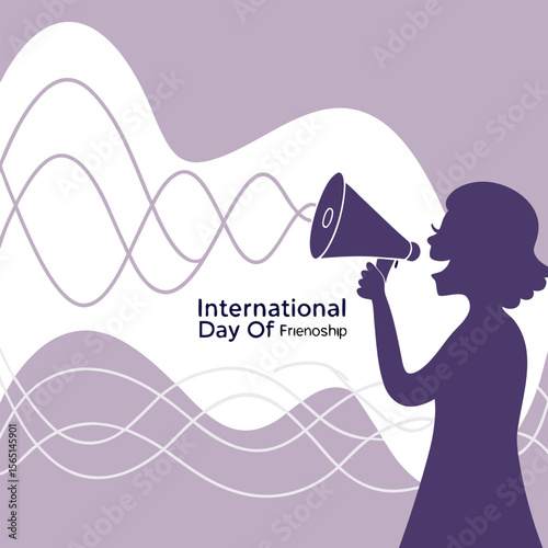 Purple Silhouette Woman Announcing International Friendship Day with Megaphone Abstract Background