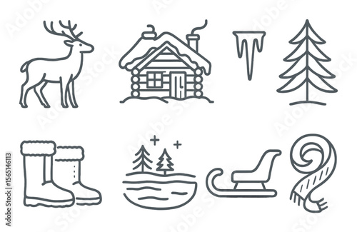 Nordic winter icons set – outline, cold weather and seasonal design elements