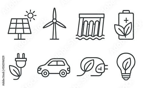 Sustainable energy icons set – outline, eco-friendly and renewable energy symbols