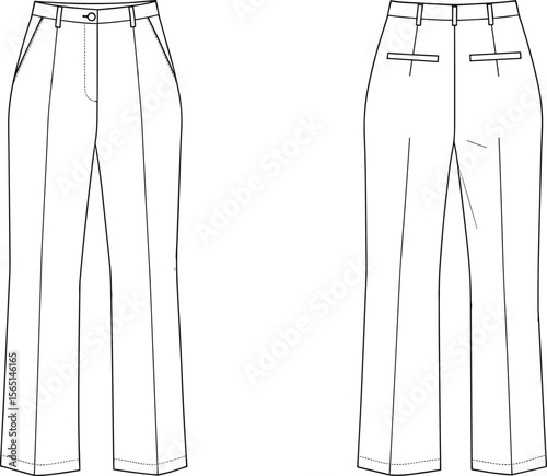 Front and back sketch of tailored pants, button-zip closure, welt pockets, side seams, belt loops, fashion technical drawing for men's apparel pattern design