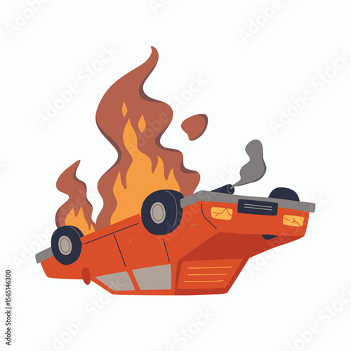 vector of a car overturned and on fire