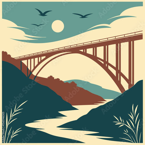 Scenic River Valley Landscape with Brown Arch Bridge Birds Cream Beige Teal Green 1