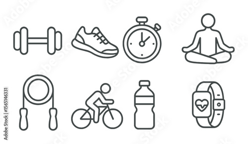 Daily fitness icons set – outline, exercise and workout symbols for health enthusiasts