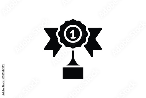Black silhouette icon of a first place trophy with a ribbon and a number one emblem celebrating victory and achievement