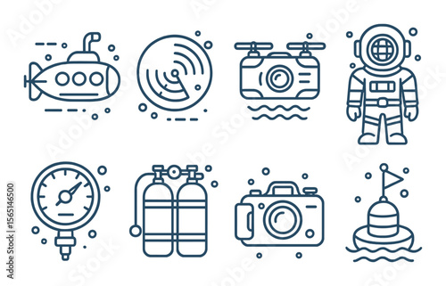 Underwater technology icons set – line, marine and ocean exploration symbols
