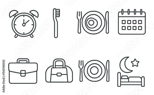 Daily routine icons set – outline style, lifestyle and schedule symbol collection