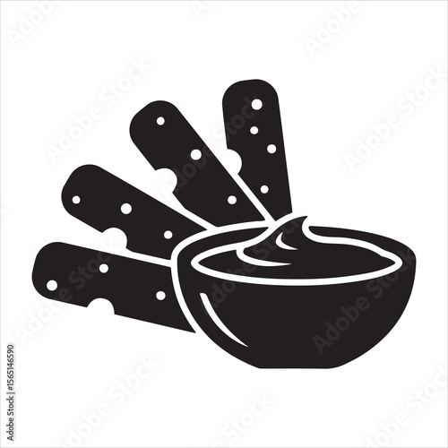 Black silhouette of cheese sticks dipping into a creamy sauce bowl