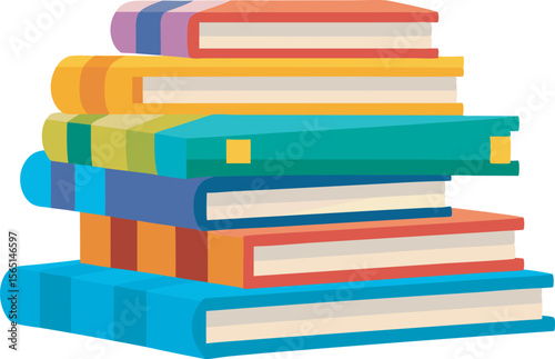 Multiple colorful books are stacked on top of each other in a stylized illustration