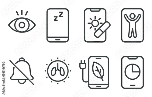 Digital wellness icons set - outline, health, mindfulness and tech balance symbols