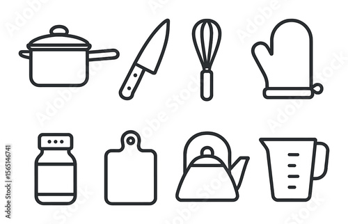 Kitchen essentials icons set – linear, cooking, culinary design assets