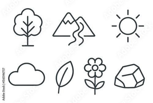 Nature and environment icons set – outline, eco and natural element symbols