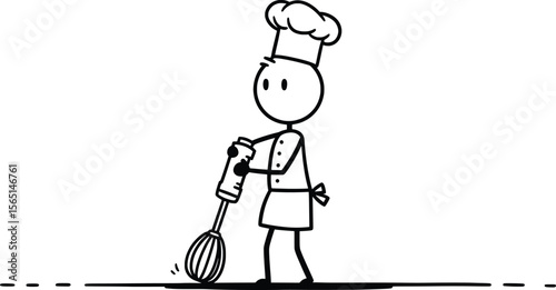Cooking Stick Man Chef Using Kitchen Tools in a Modern Kitchen - Vector Illustration