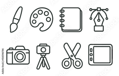Art studio tools icons set – outline, creative and design essentials collection