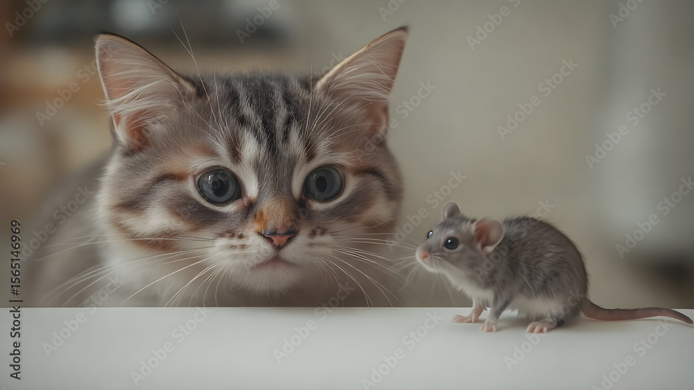 Obraz premium A close-up of a domestic cat staring curiously at a small mouse, capturing a moment of tension and intrigue.