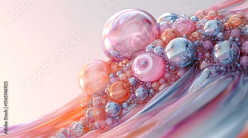 Abstract digital art featuring iridescent spheres and fluid forms creating a colorful composition with soft lighting and organic structures