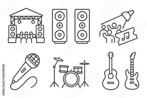 Music festival icons set – outline, concert and event symbols for promotions
