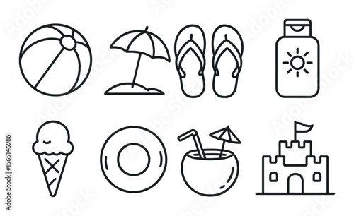 Beach vacation line icons set – seaside, holiday and leisure symbols