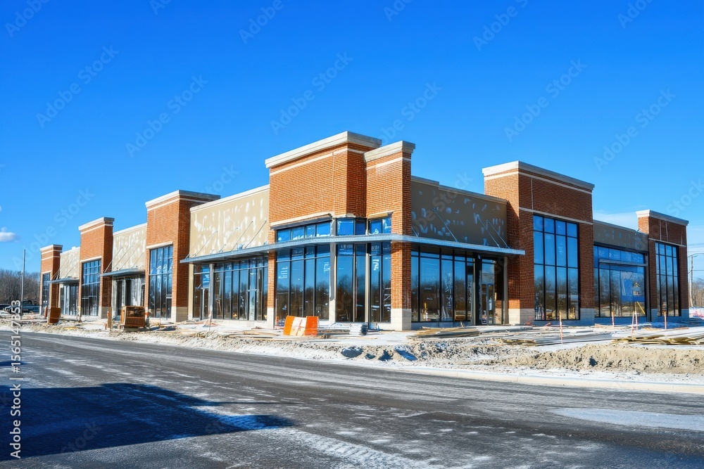 Obraz premium Expansive Retail Store Under Construction: Large Horizontal Commercial Building Exterior Approaching Completion