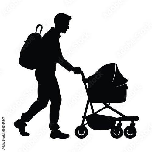 Silhouette of a Father Walking with Baby Stroller and Backpack