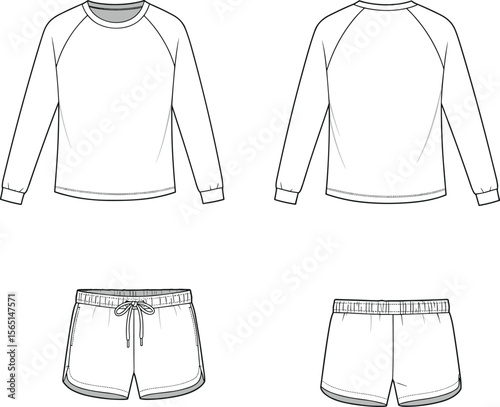 Sketch of men’s raglan long-sleeve tee and curved hem shorts, crew neck, drawstring waist, front and back fashion drawing for apparel design