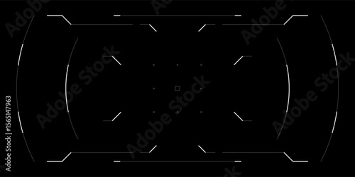 Futuristic HUD overlay with circular tech UI for drone, VR or cyberpunk game interface. Sleek sci fi frame with digital elements, radar, glitch effects and tactical data on clean black background.