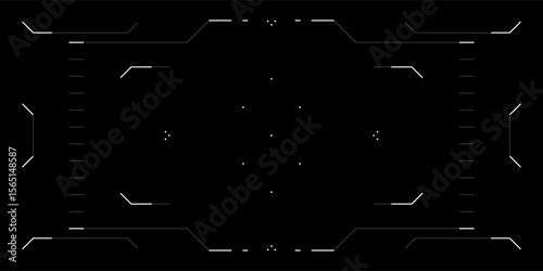 Futuristic HUD interface with cyberpunk elements. Tech overlay features glitchy reticle, radar, data frames and FPV view. Digital GUI for drone, game or sci fi video screen. Clean circular design.