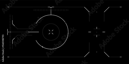 Futuristic tech HUD overlay with digital UI for drone or sci fi interface. Cyberpunk screen layout with radar, reticle, glitchy data and FPV view. Black background with hologram elements.