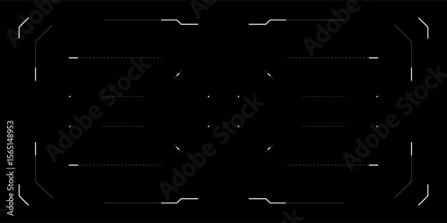 Futuristic HUD interface with glitchy tech UI for drone or sci fi game. Circular radar, target reticle, FPV layout and digital data overlay. Cyberpunk display with tactical and military elements.