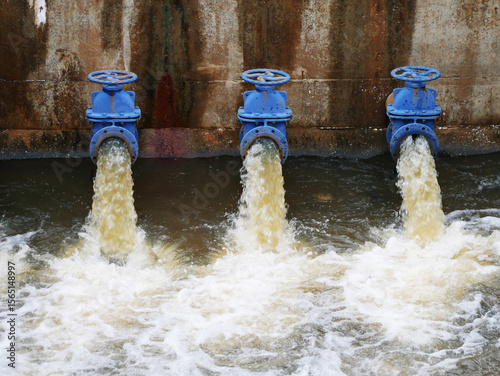 Fotografía Industrial drainage system with five blue pipes discharging water into a reservoir