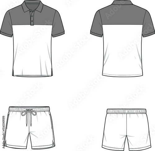 Front and back sketch of two-tone polo shirt and drawstring shorts, casual fashion drawing template for men’s summer apparel and clothing design