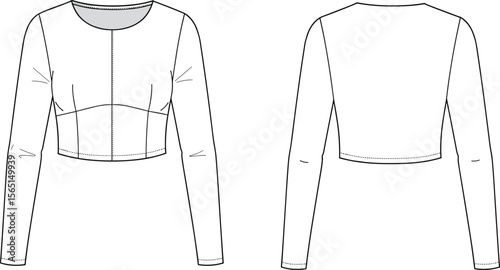 Sketch of cropped long-sleeve fitted top, round neckline, seam detail at bust and hem, fashion technical drawing for women's garment design concept