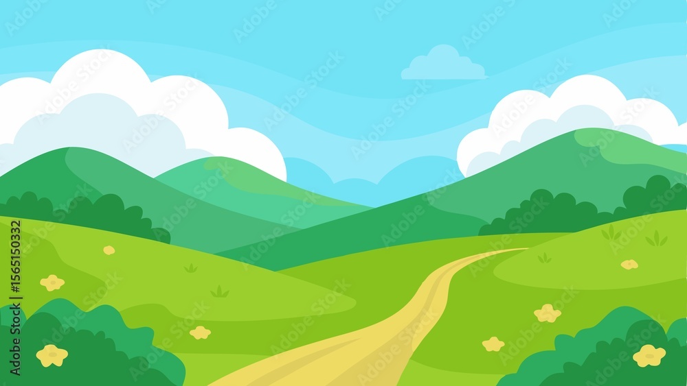 Obraz premium Photo of a winding path through green hills under a cloudy blue sky