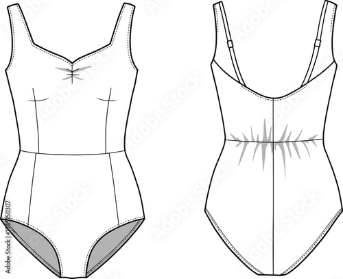 Front and back sketch of V-neck one-piece swimsuit, ruched waist, adjustable straps, stylish fashion drawing for women’s swimwear sewing template