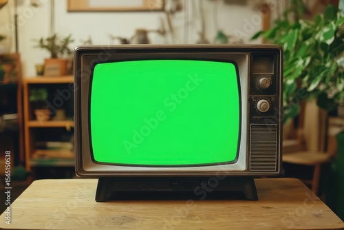 Nostalgic Vintage Television with Green Display in a Charming 1960s Living Space