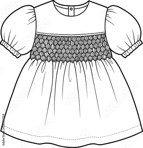 Baby dress smocked puff sleeve flat sketch, front technical cad drawing for kids wear, fashion vector illustration design template detailed