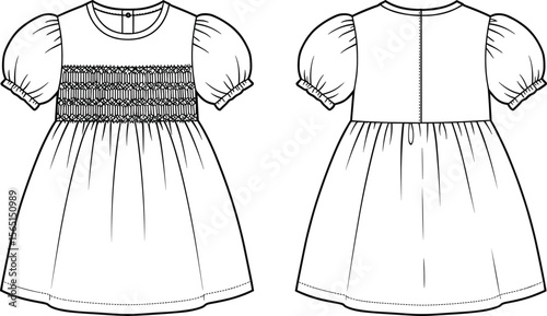 Cute smocked baby dress front and back technical flat sketch, fashion cad drawing for kids wear vector template detailed illustration design